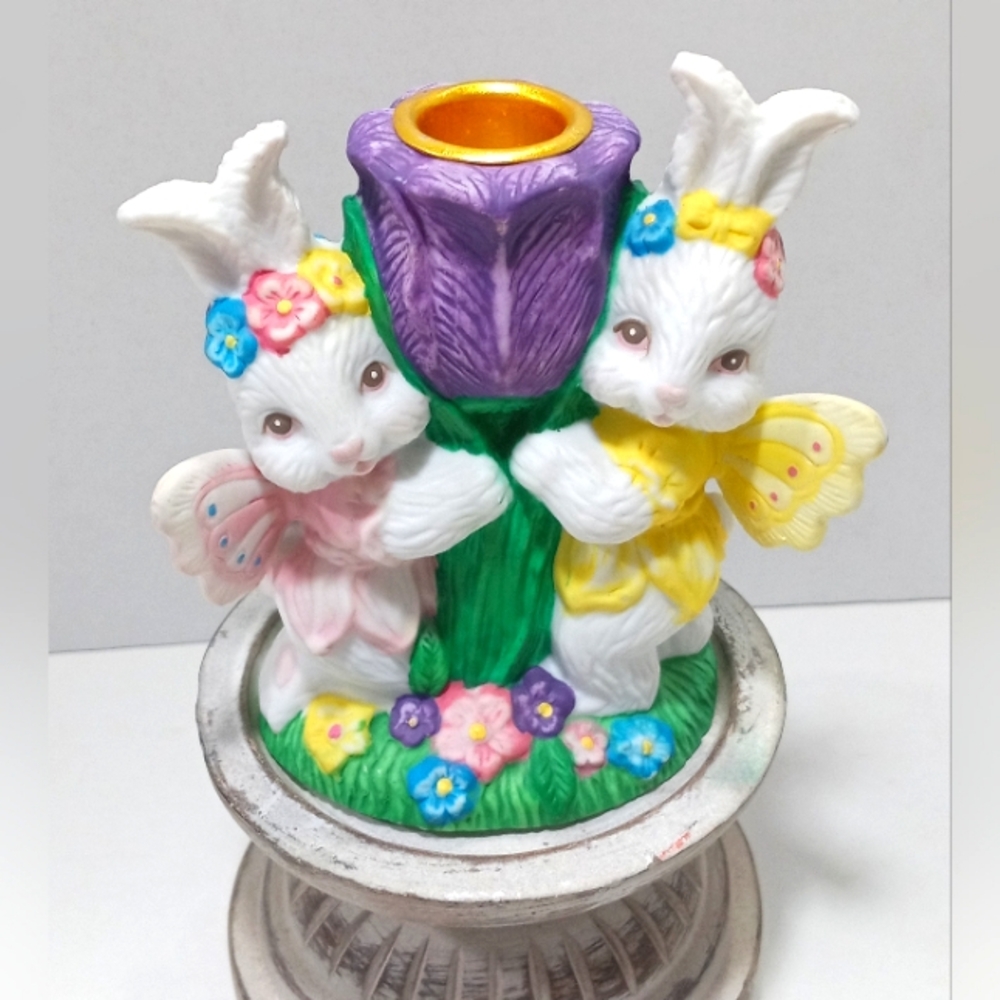 Easter Candlestick Holder Tulip Bunny Rabbit Twins Ceramic